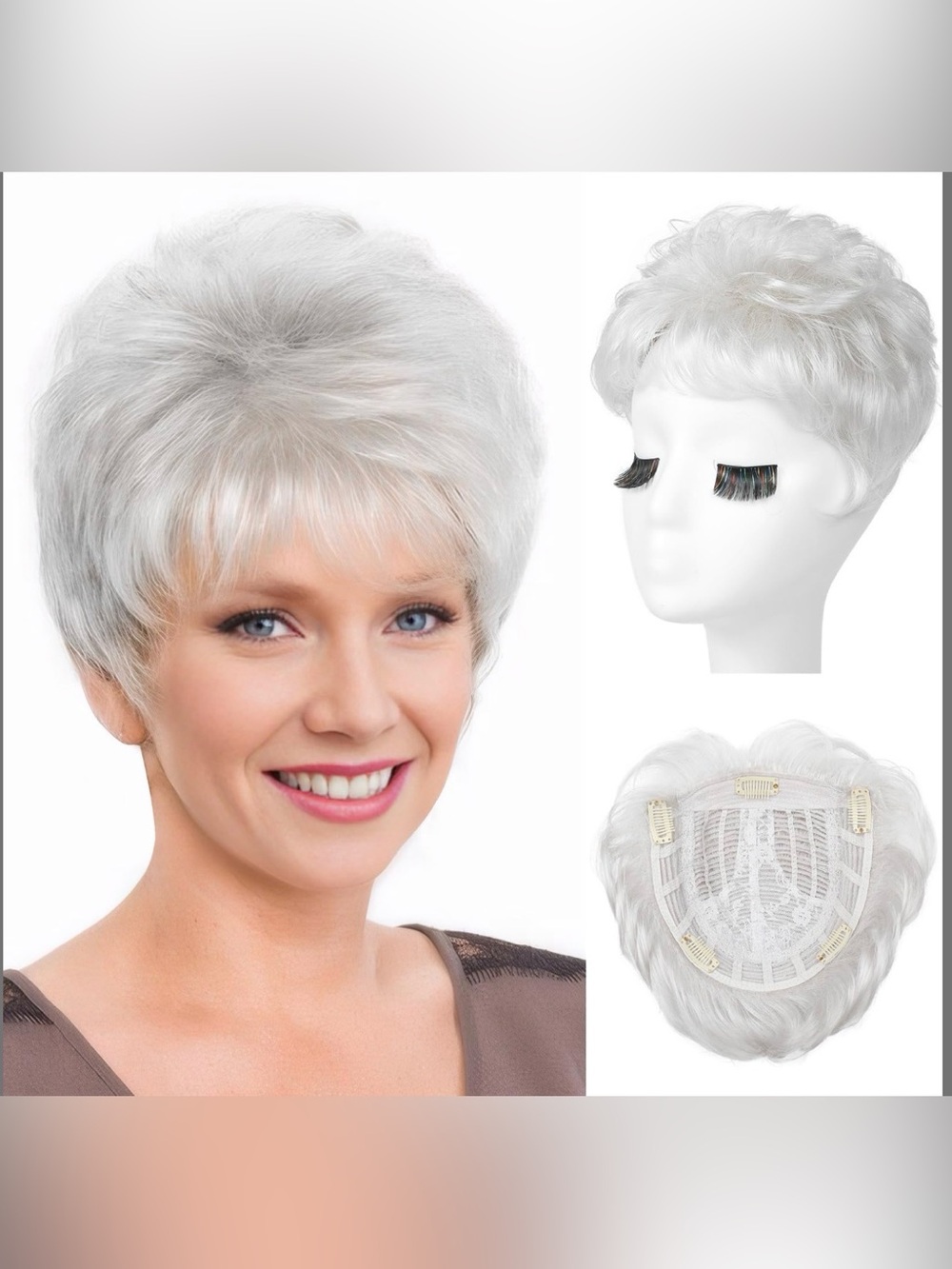 Reecho Hair Topper, Short Wiglet Large Coverage Synthetic Top Crown Silver White